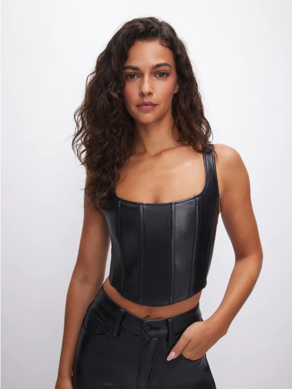 Good American Faux Leather Corset in Black